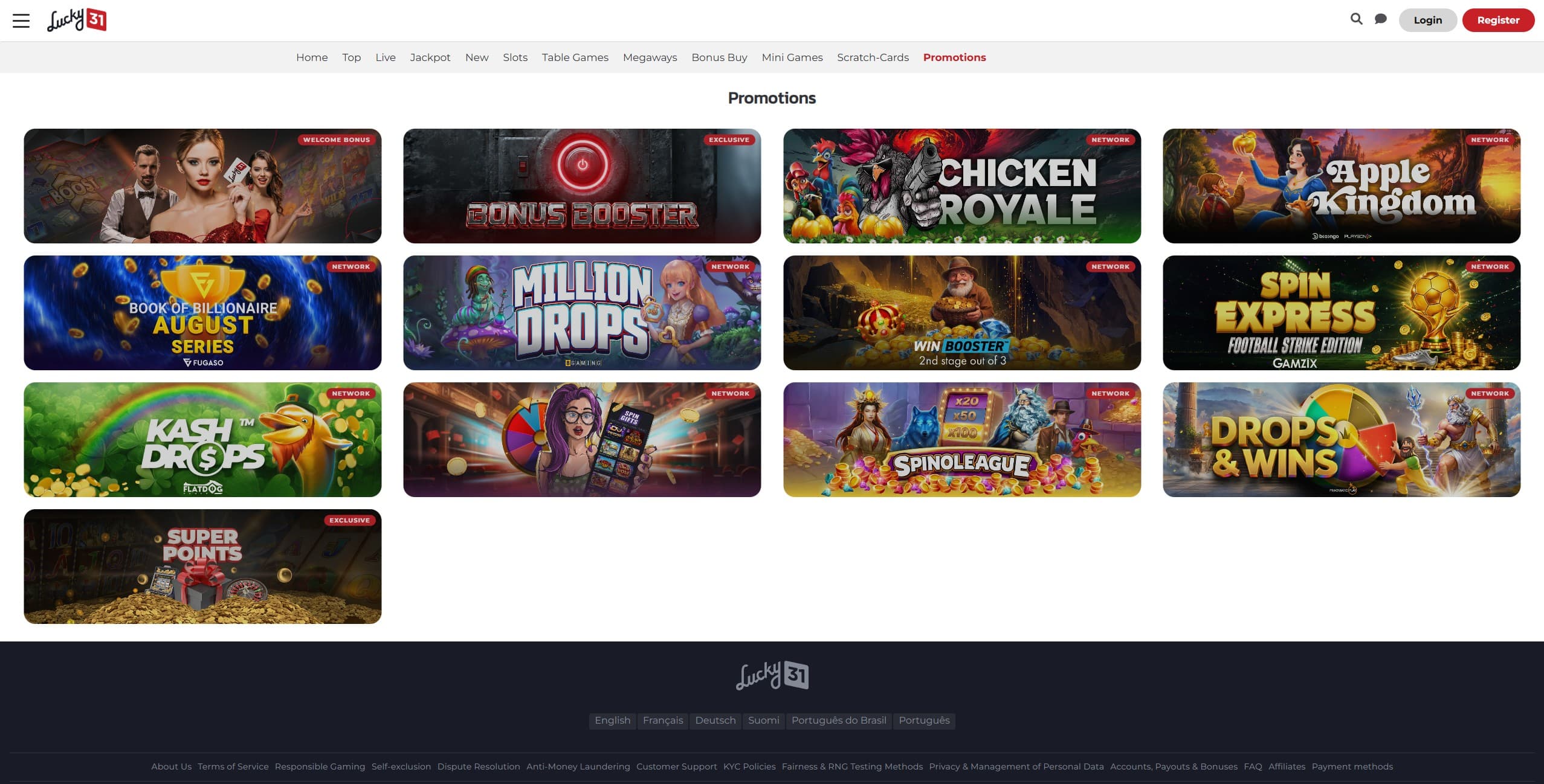 Lucky31 Promotions Page showing the available bonuses and promotions