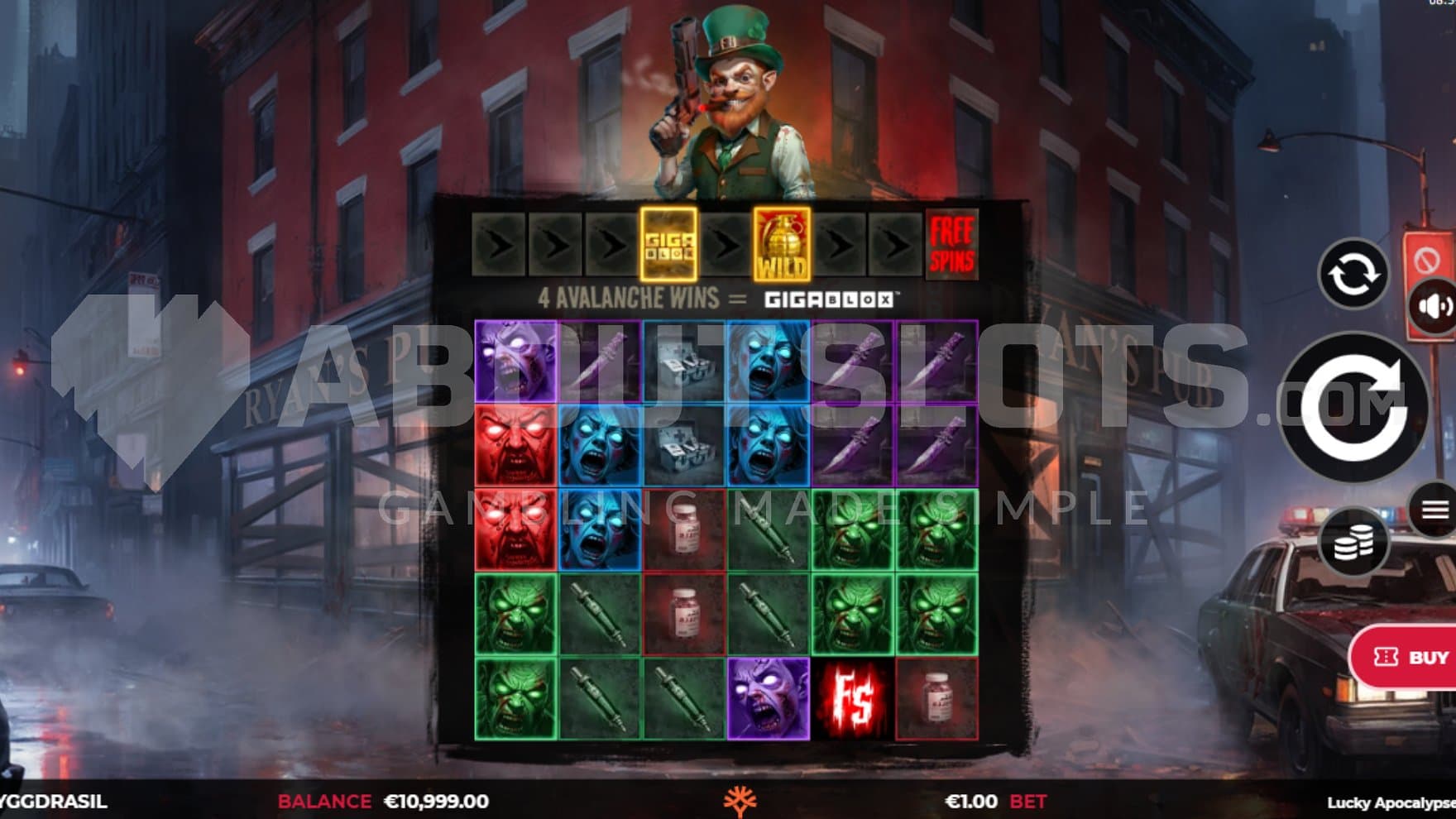 A casino slot in an apocalyptic town with a leprechaun holding a gun.