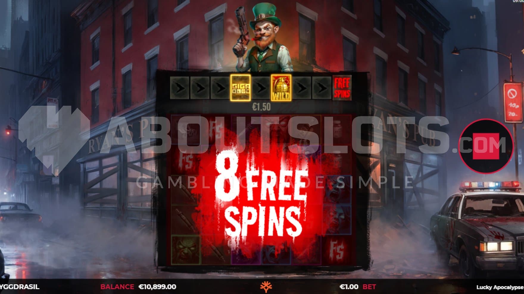 A screen welcoming the player to 8 Free Spins.