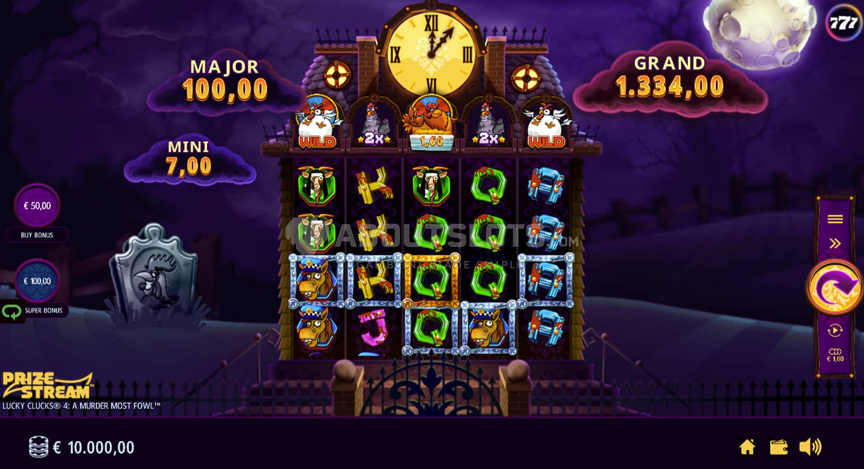 Screenshot of the base game, showing a 5x4 grid on a backdrop of a mansion in the middle of a dark, natural landscape.