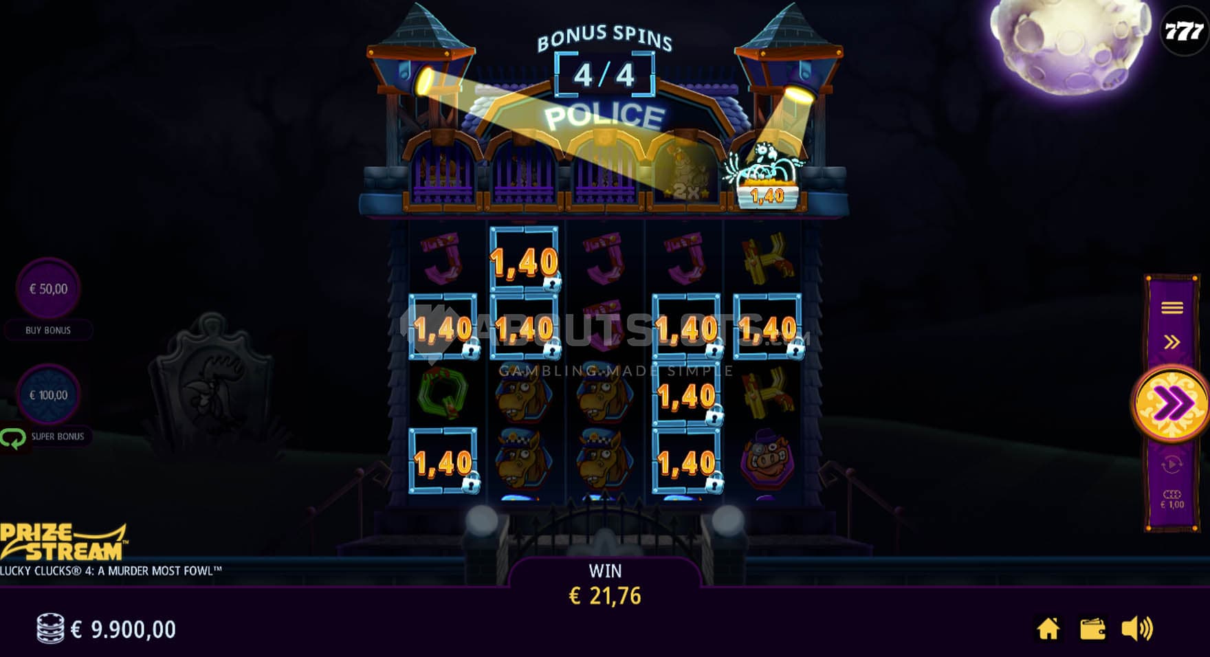 Screenshot of the Bonus Game in progress, showing cash prizes added to locked frames.