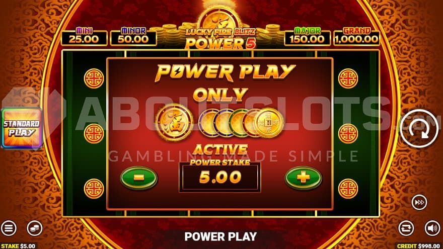 A screen offering the Power Play feature for 5x the bet.