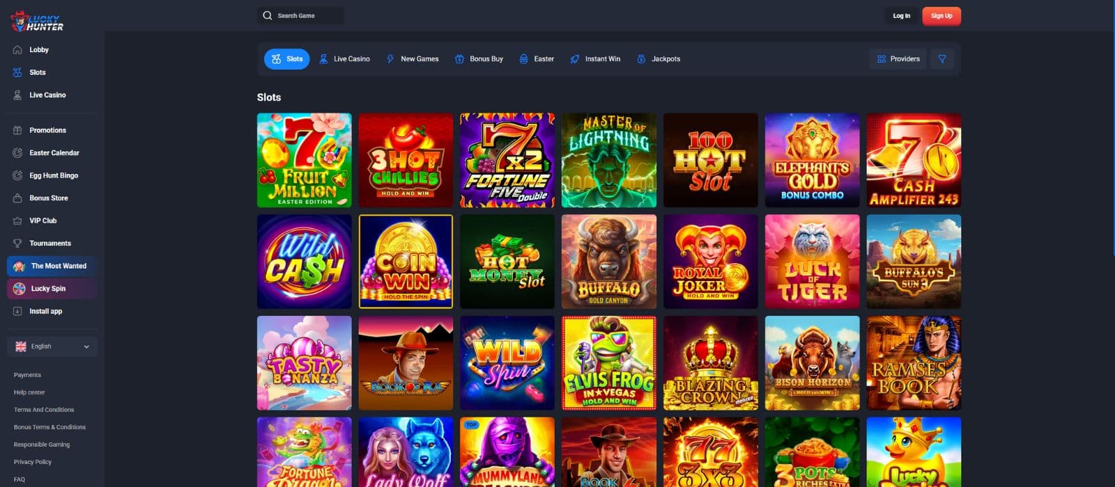 Lucky Hunter games page showing a selection of slots and the menu for game categories