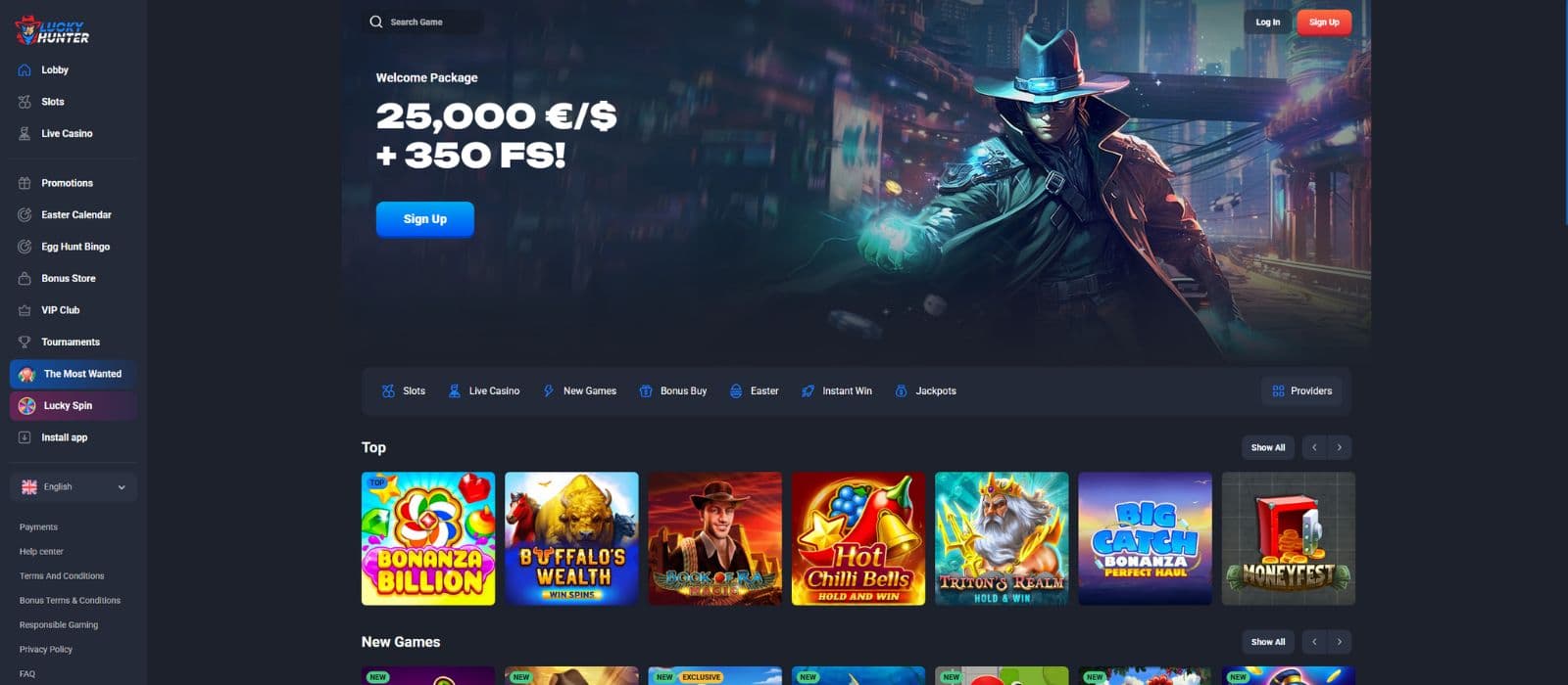Lucky Hunter Casino landing page showing the welcome bonus offer and a selection of games as well as the main menu to the left