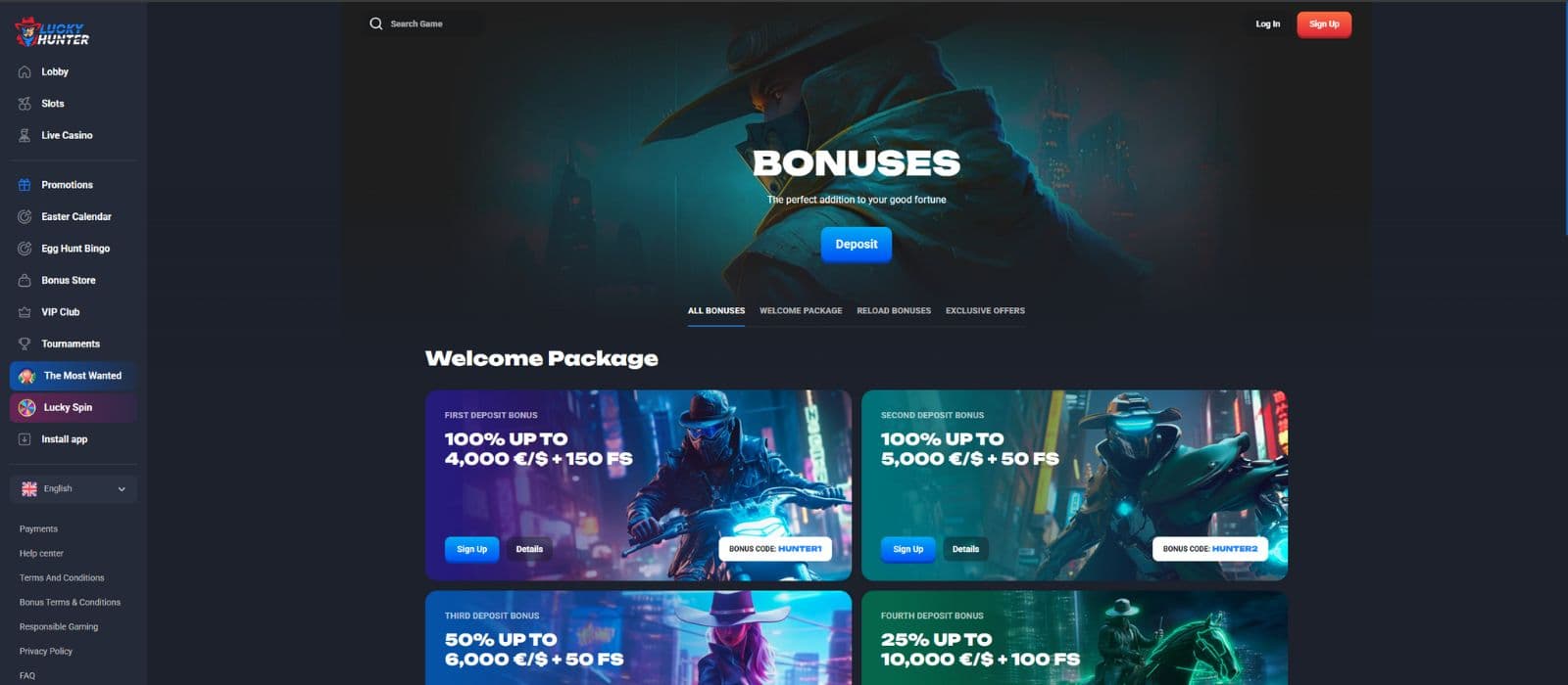 Lucky Hunter Promotions page showing the available bonuses and welcome offers