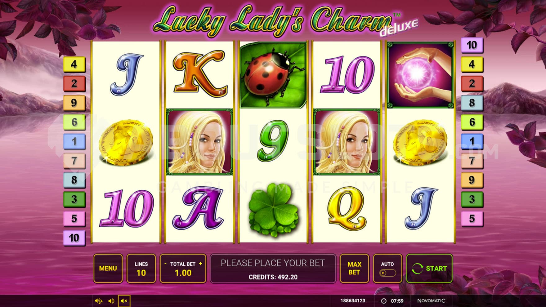 Base Game view of a 5x3 grid on a pink natural landscape with a mix of symbols on the reels.