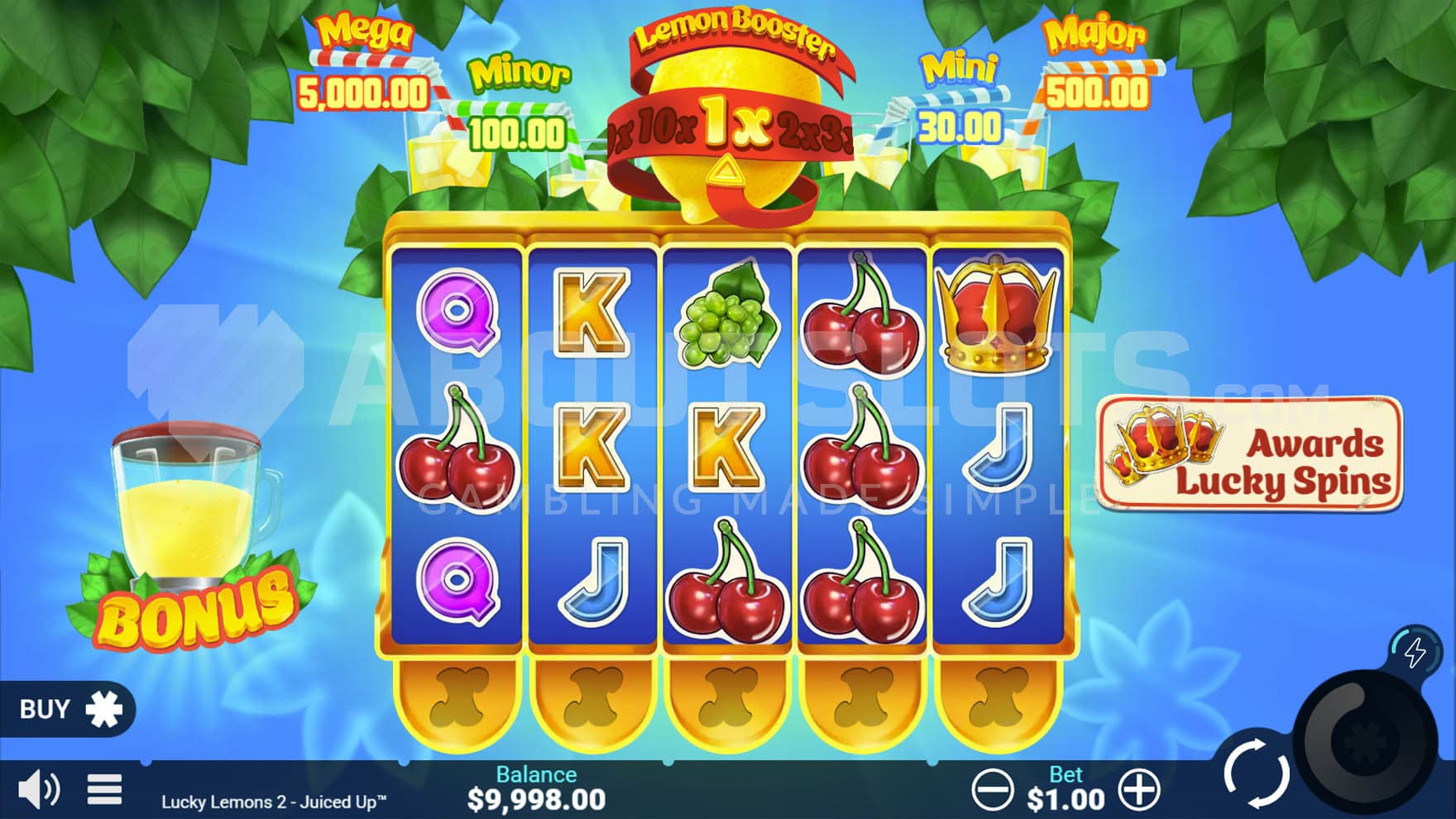 Base Game view of a 5x3 grid on a blue backdrop with green leaves at the top.