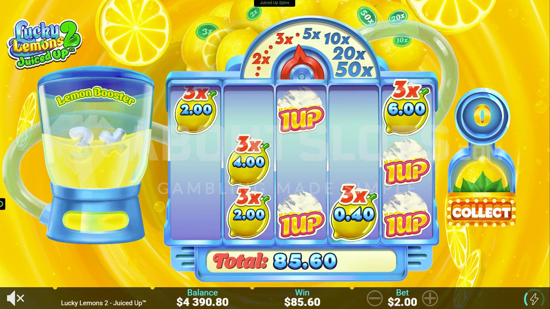 Juiced Up bonus in progress, showing multiple Cash and 1Up symbols on the grid.