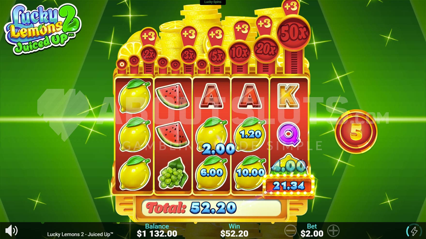 Lucky Spins in progress, showing multiple cash prizes being collected.