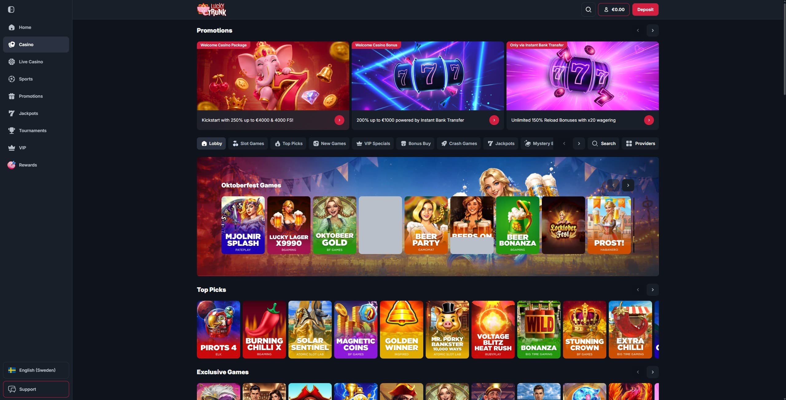 LuckyTrunk Games Page showing a selection of different casino games