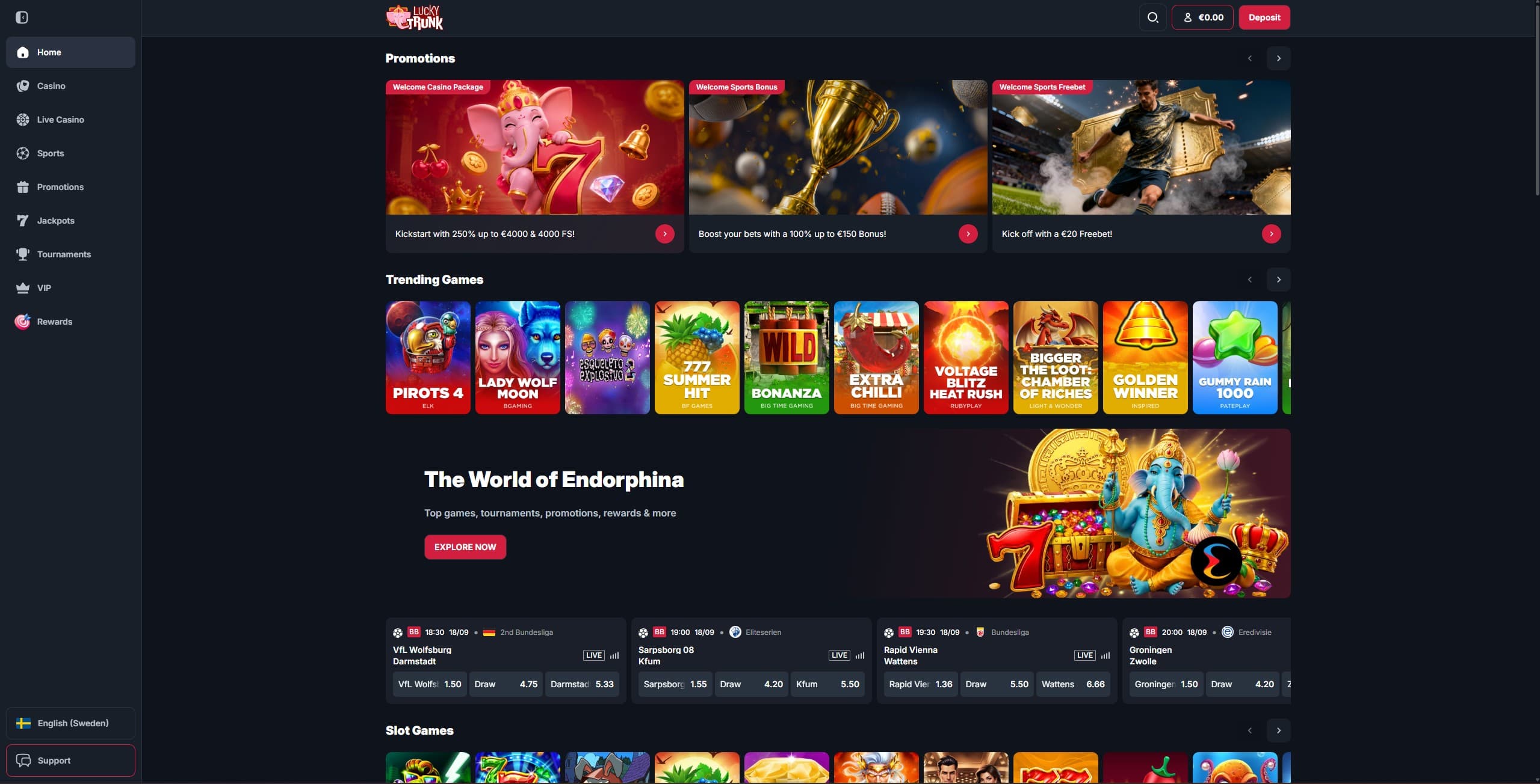 LuckyTrunk Landing Page showing the welcome offer, main menu and a few selected games