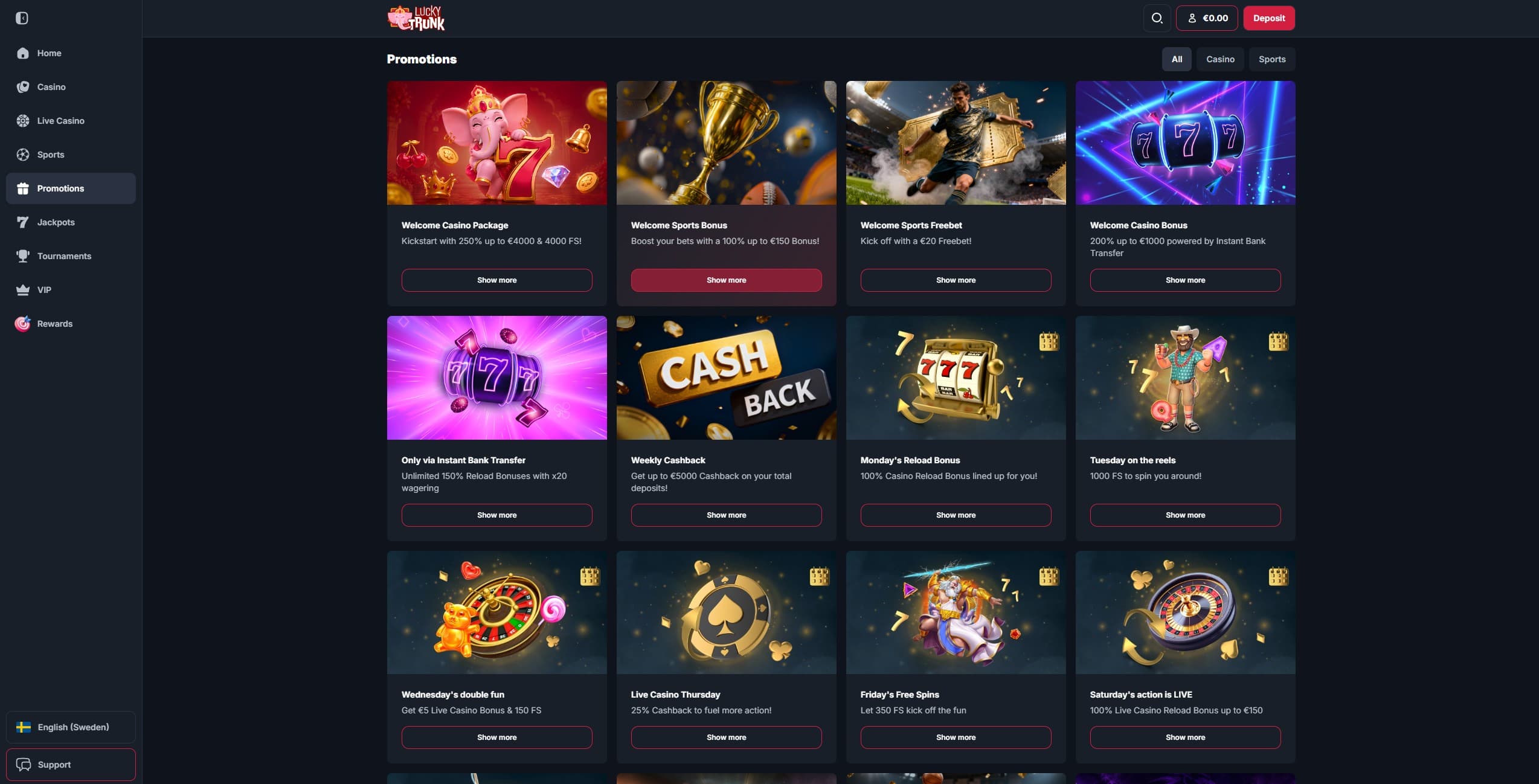 LuckyTrunk Promotions Page showing the available bonuses and promotions