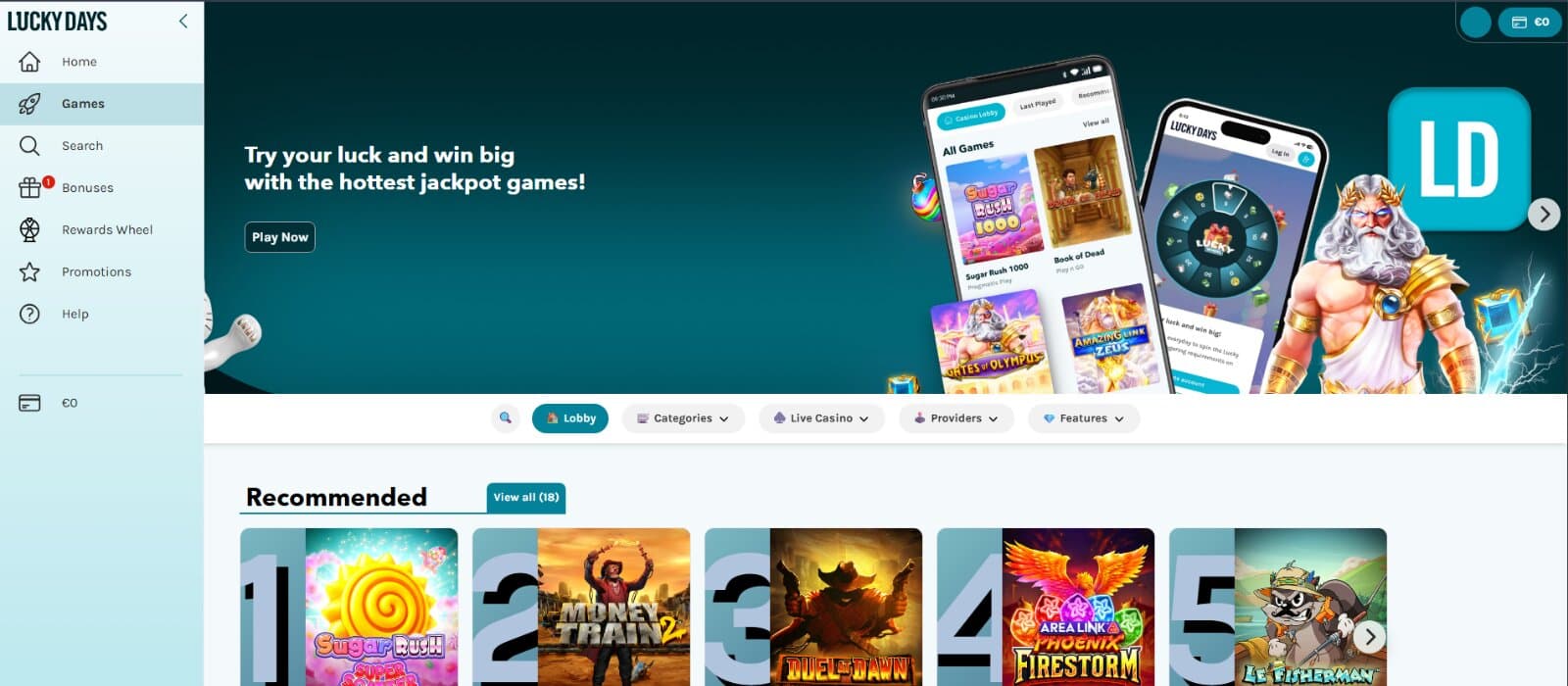 Lucky Days Casino Games Page featuring the slot, table, and live casino lobbies with game under under filtering options