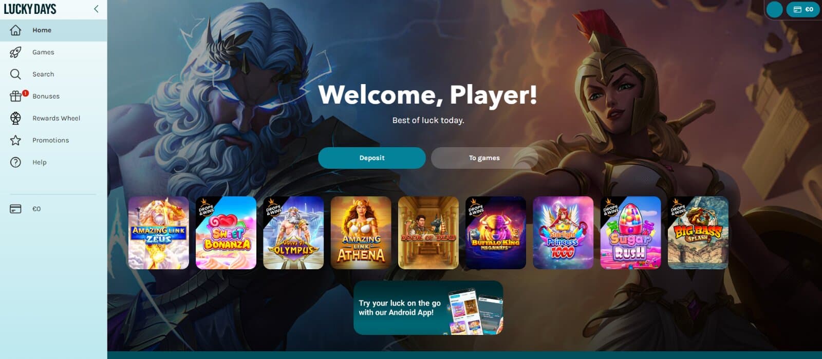 Lucky Days Casino Landing Page features the top games banner with slot icons, Android app banner, and side menu bar