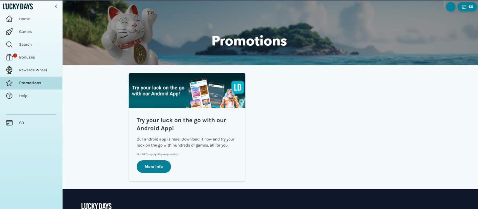 Lucky Days Casino Promotions Page featuring info card for its Android app
