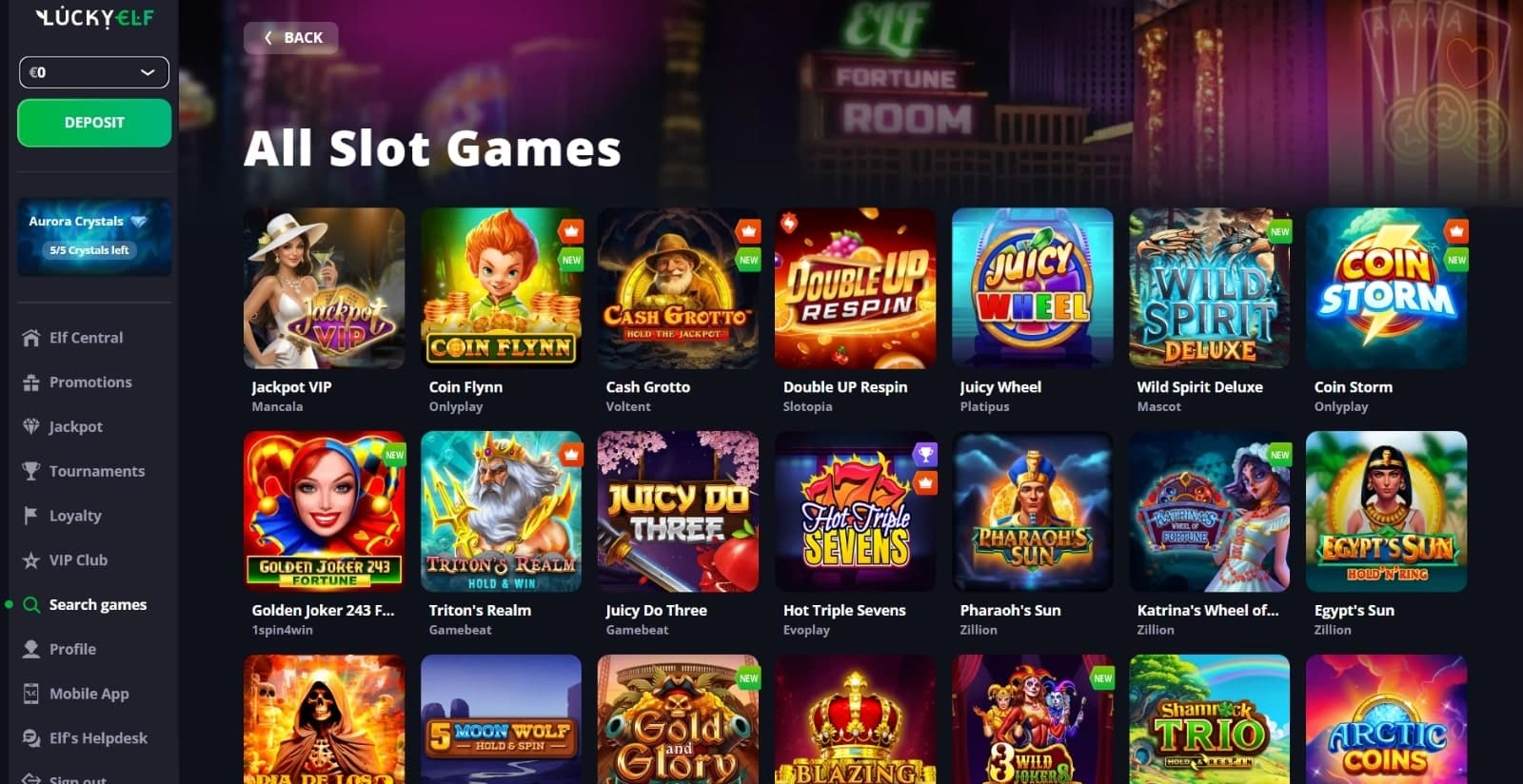 LuckyElf Casino's games page featuring the slots titles such as Coin Flynn and Wild Spirit and other megaways, video slots, jackpots and bonus buys
