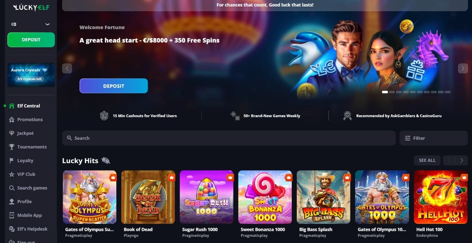 LuckyElf Casino's landing page featuring the welcome pack of 8000 euros and 350 free spins on banner with elf characters above search feature and Lucky Hits slot games