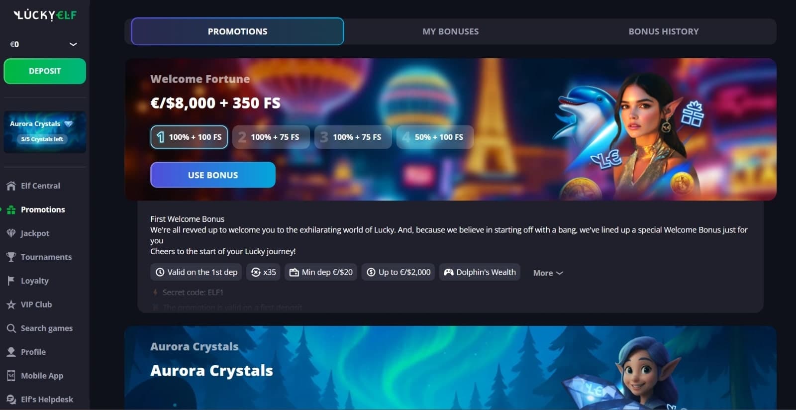 LuckyElf Casino's promotions page featuring the welcome fortune offer, Aurora Crystals promo, cashback, daily drops and referral offer