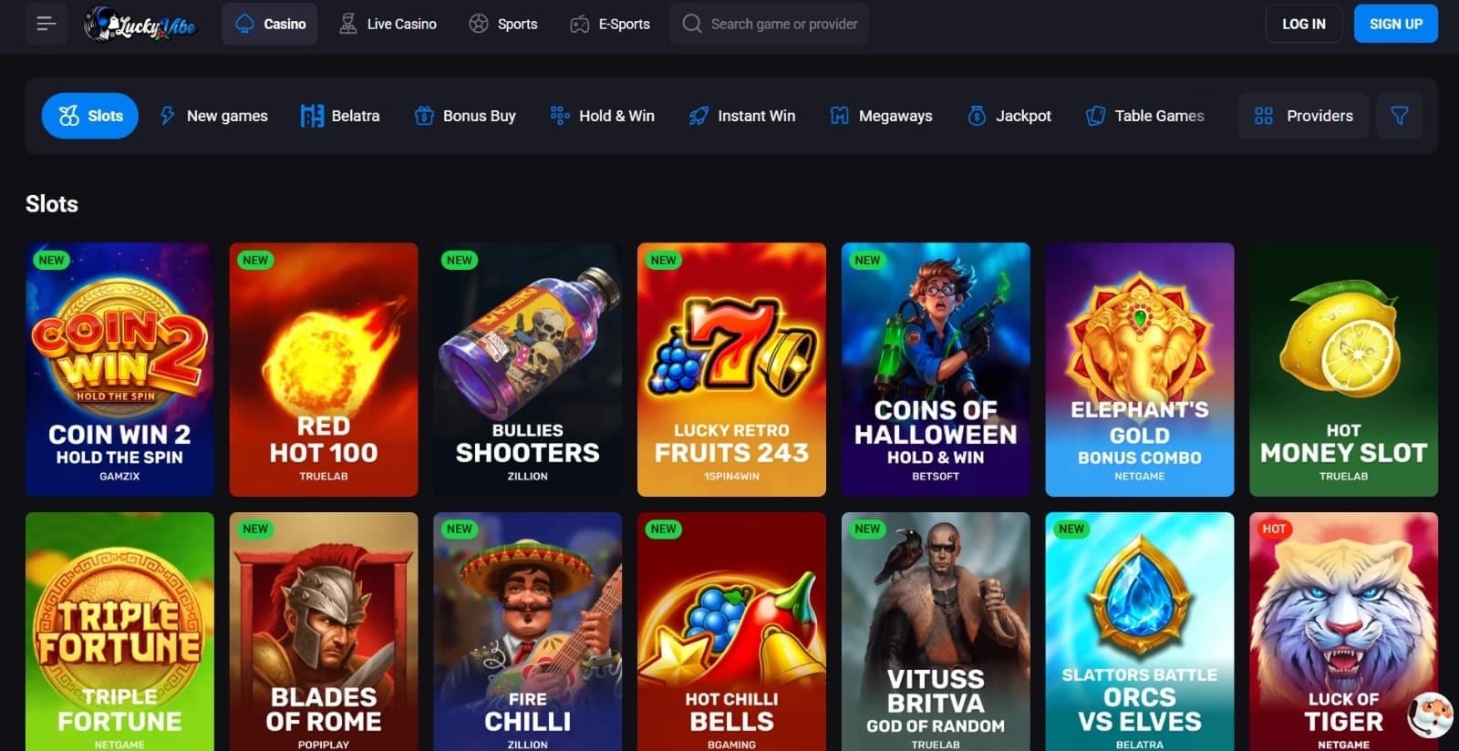 Lucky Vibe Casino games page with the various colorful slot game icons and game categories on top with the top casino navigation menus