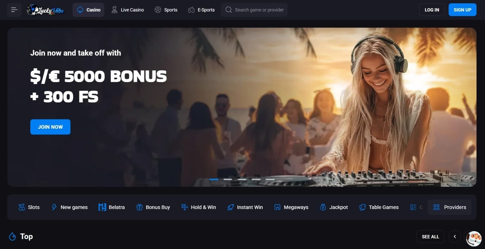 Lucky Vibe Casino landing page with the welcome bonus offer banner displaying a women DJ in a party, game categories below and top navigation menus