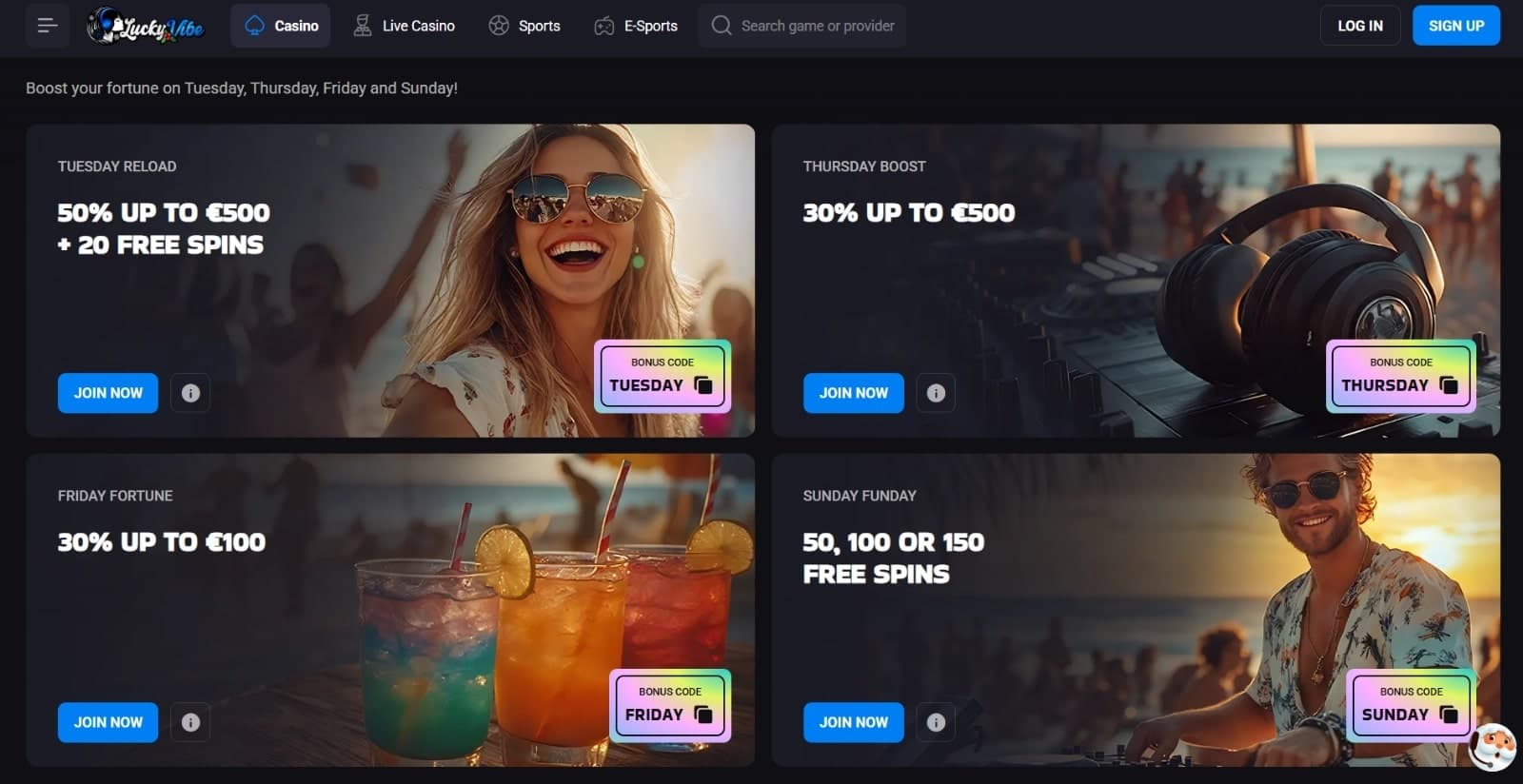 Lucky Vibe Casino promotions page with the weekly reload bonus offers, their descriptions and beach themed images