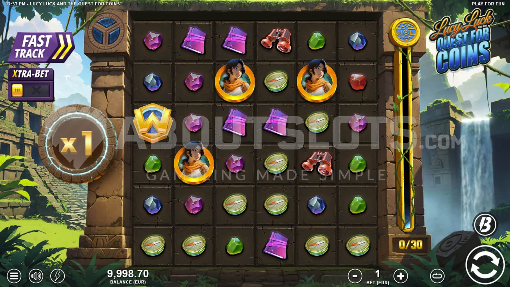 Base Game view of a 6x6 grid on a backdrop of a jungle scene with an Aztec temple on the left.