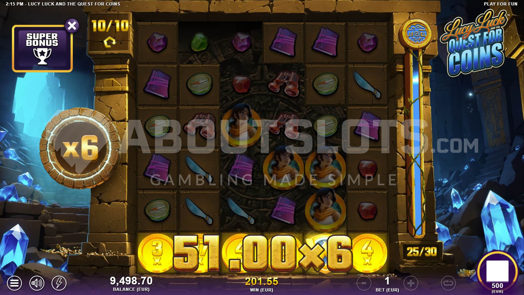 Super Free Spins bonus in progress, showing a high win achieved from Coin symbols, with a win multiplier increased to x6.