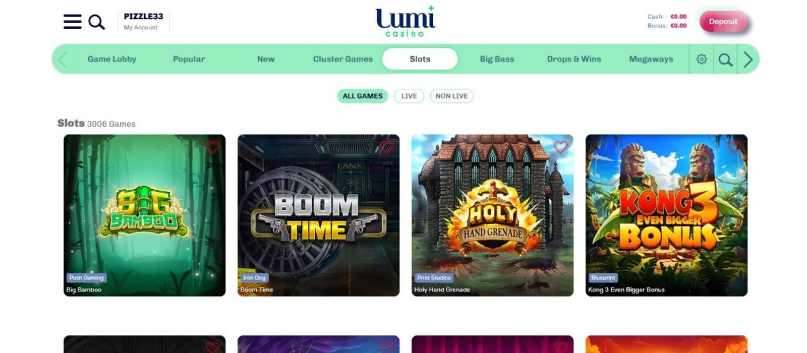 Lumi Casino's slot games section, showing impressive titles like Boom Time and other games.