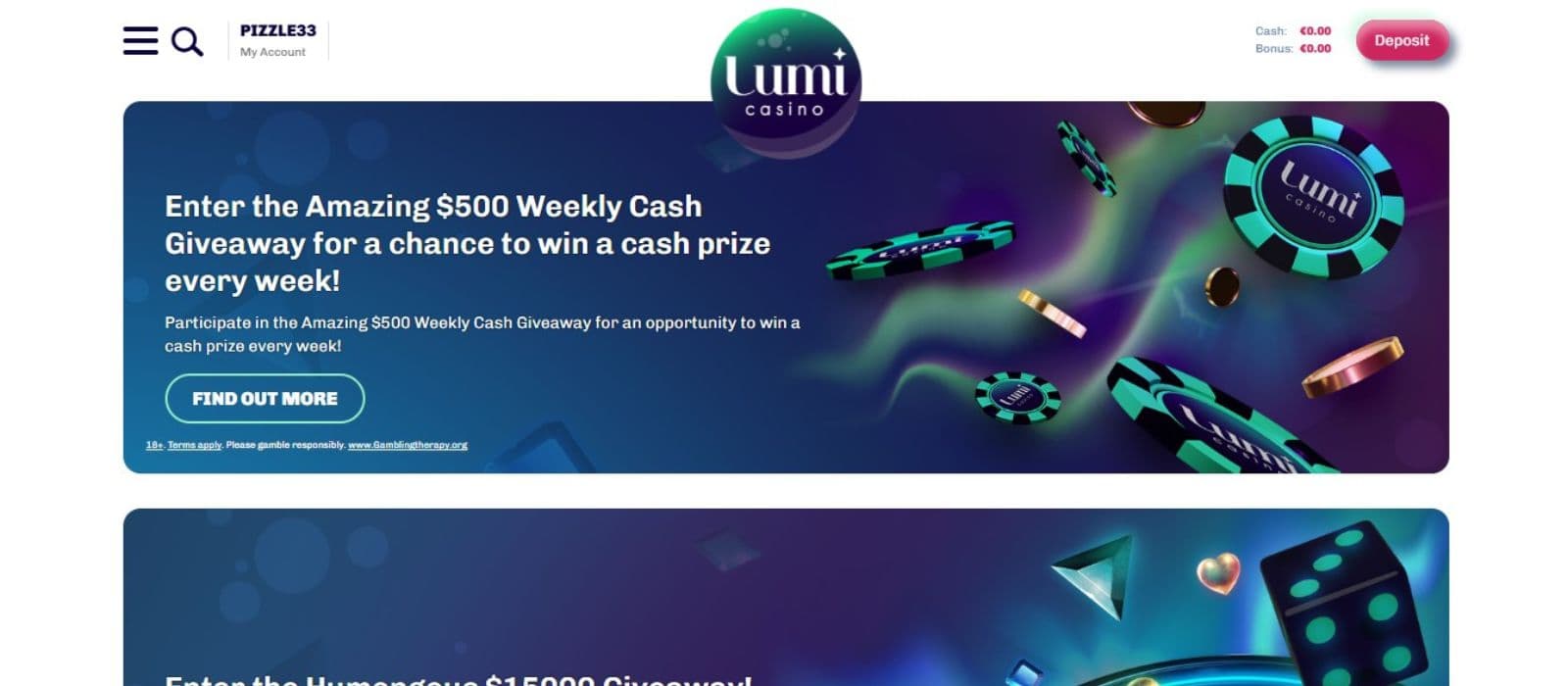 Lumi Casino's promotions page, showing the weekly cash giveaway worth €500.