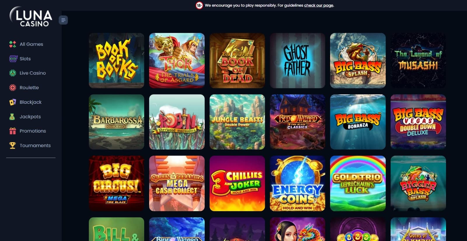 Luna Casino promotions page with slot games titles like the Big Bass Series