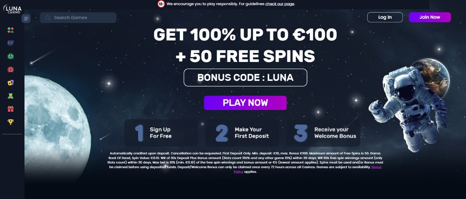 Luna Casino landing page with 100% welcome bonus over banner with spaceman and moon image