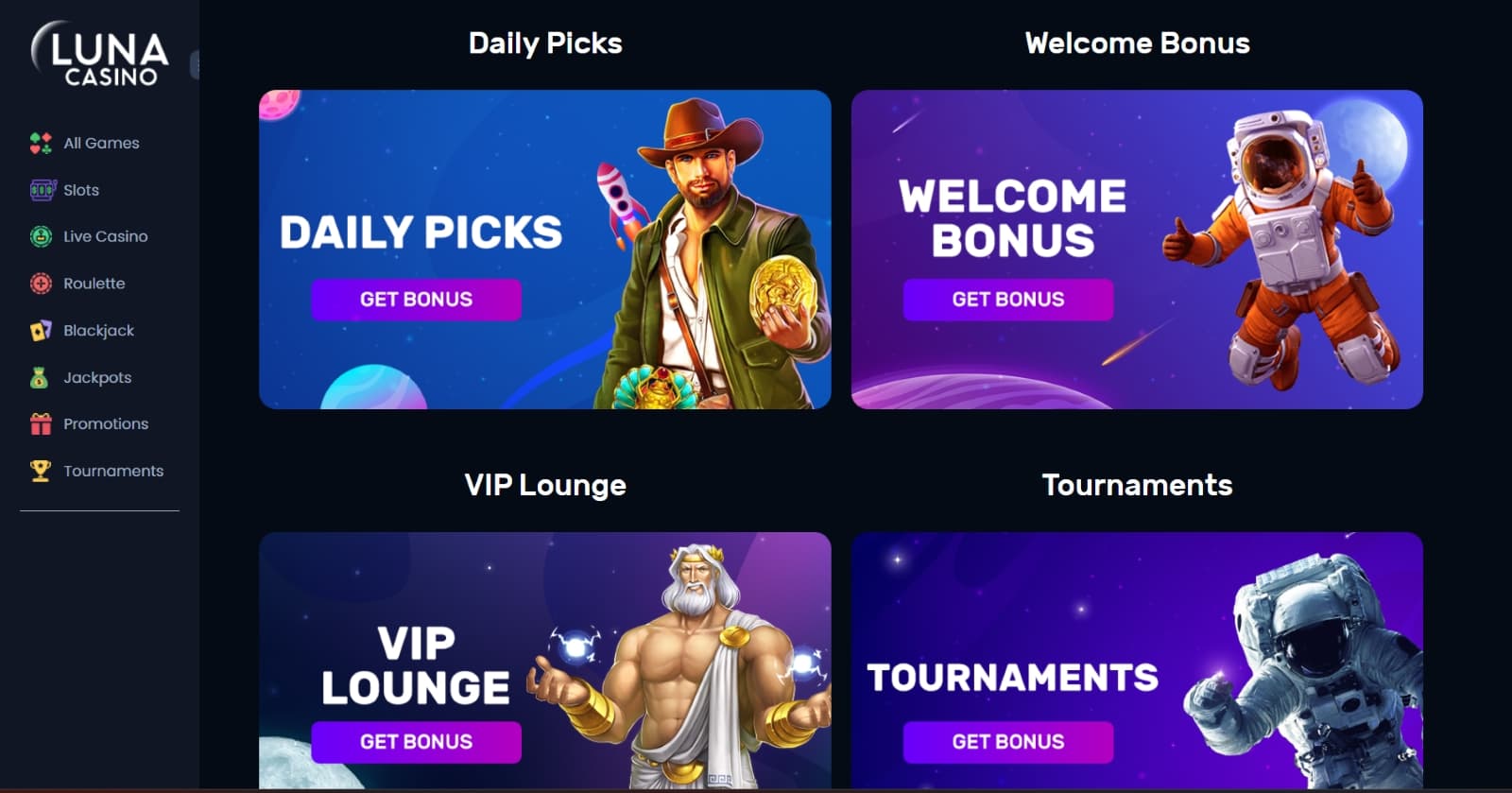 Luna Casino promotions page with welcome bonus and daily pick promotions with moon imagery
