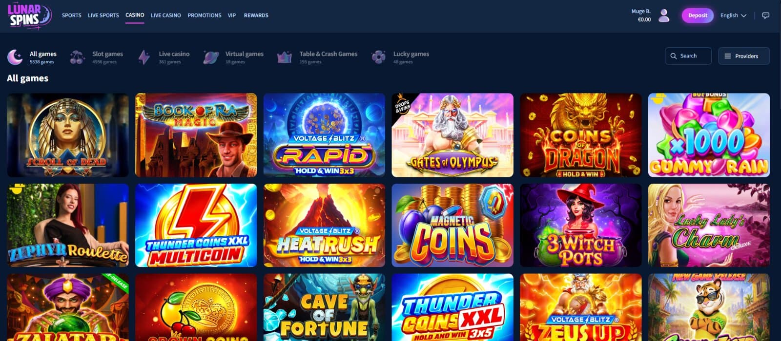 Lunar Spins casino games page shows a grid of slot game thumbnails like Book of Ra, Gates of Olympus, and Coins of Dragon.