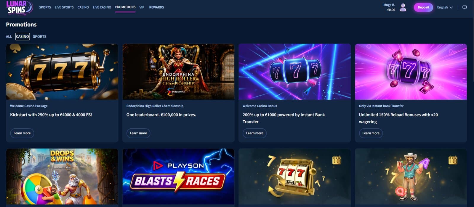 Lunar Spins promotions page shows casino bonus offers, including a welcome package and reload bonus.