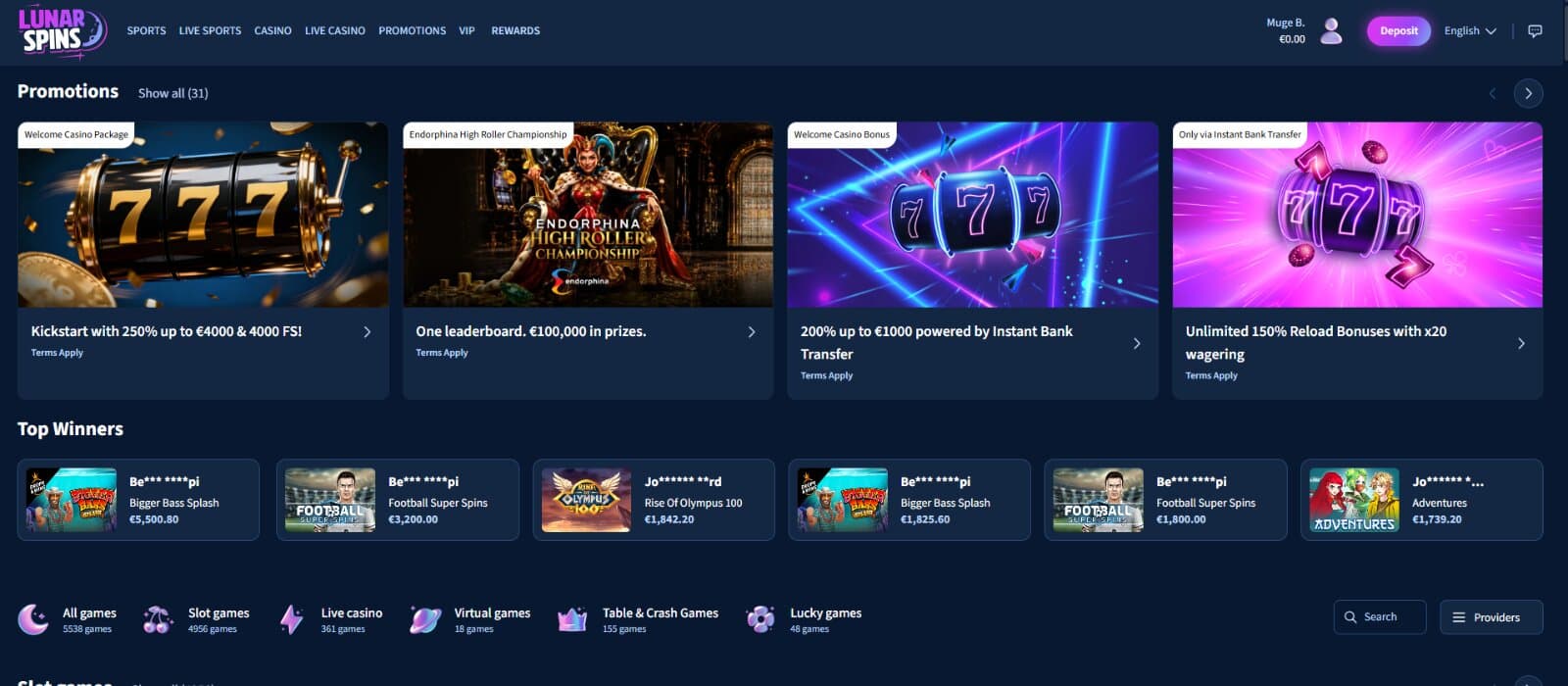 Lunar Spins homepage shows promotion banners and a Top Winners leaderboard listing recent player payouts.