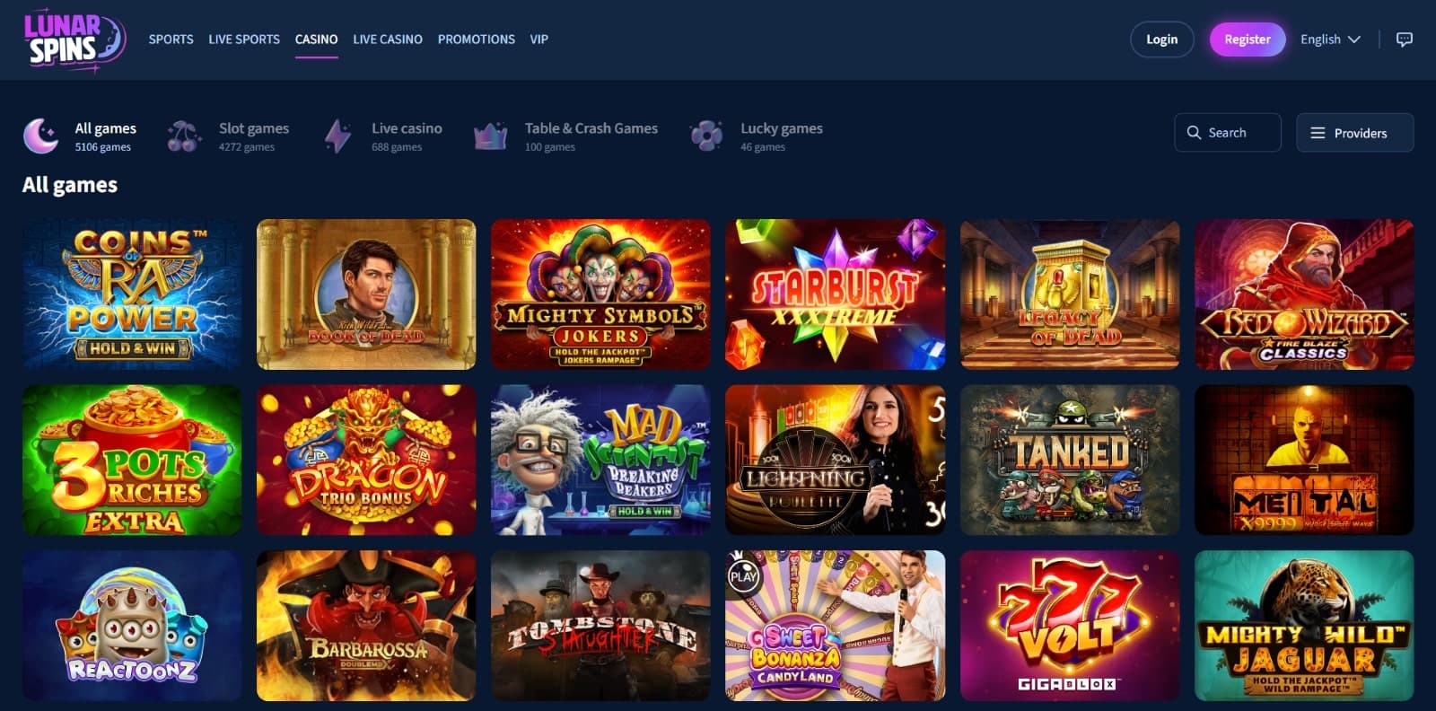 LunarSpins casino games page featuring all slot and table games