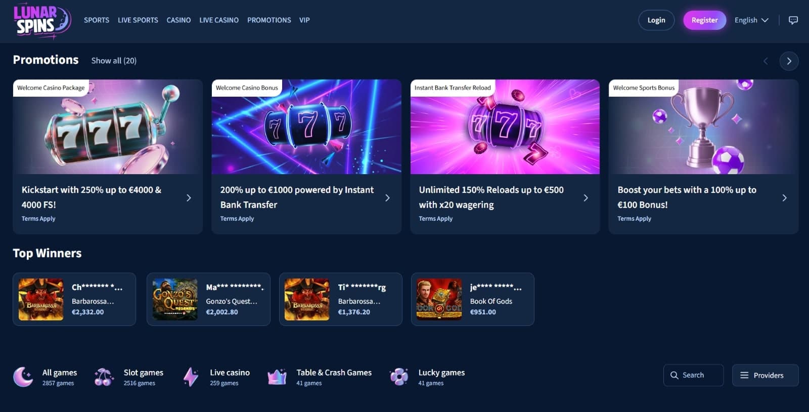 LunarSpins Casino landing page with carousel of latest casino and sports promotions