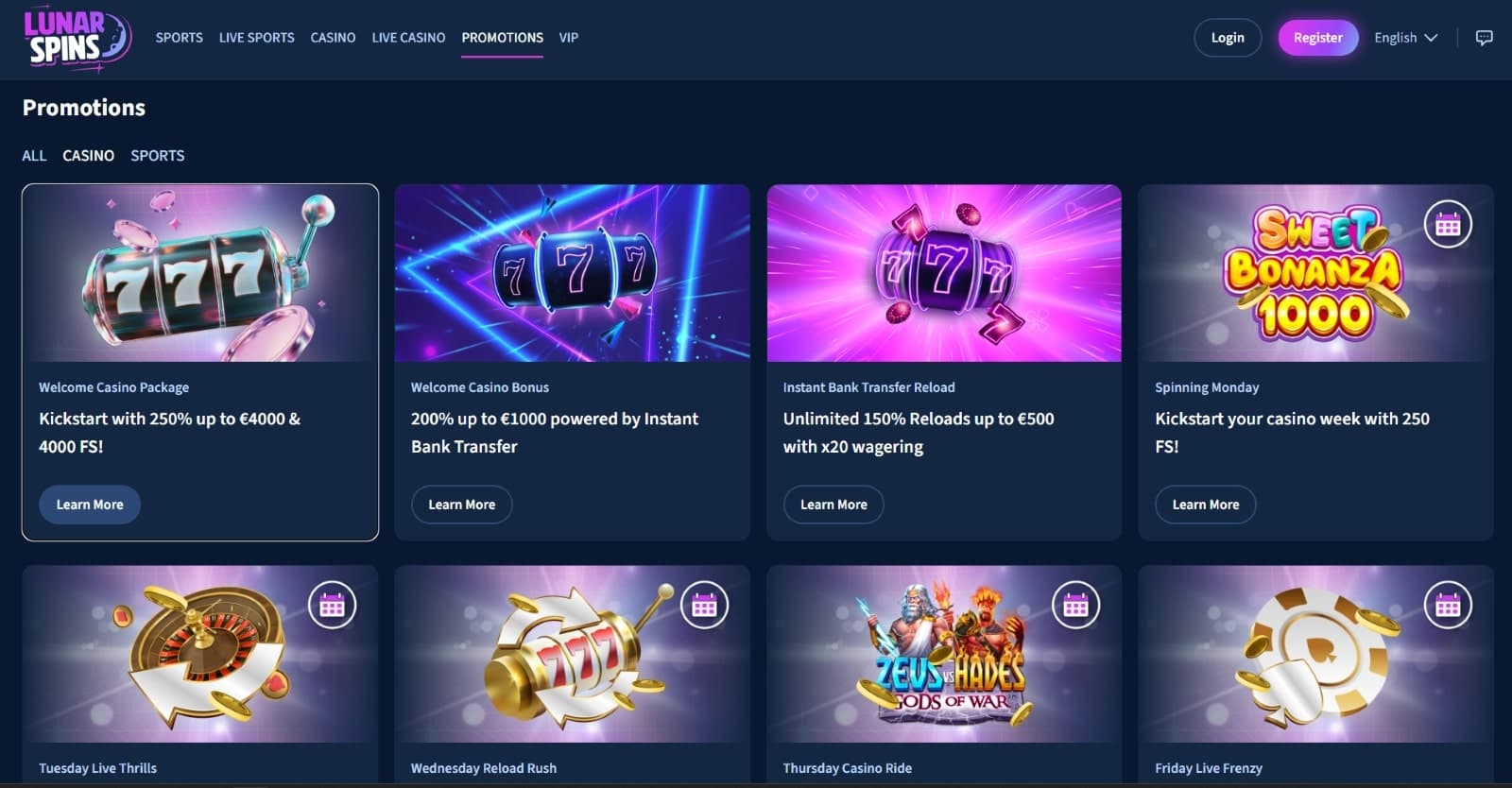 LunarSpins casino promotions page with 250% welcome bonus and images of 777