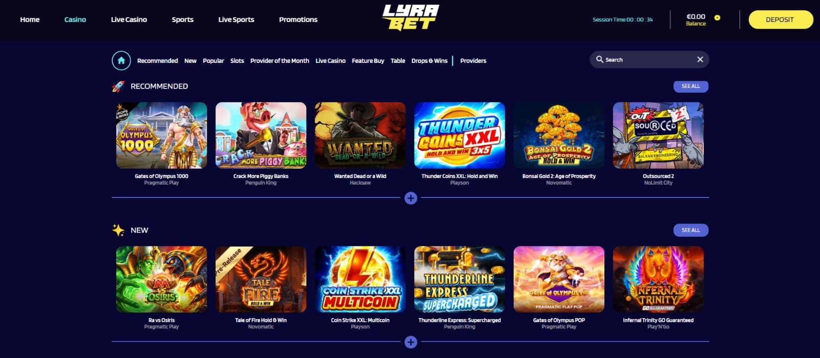 The games page of LyraBet Casino shows the new slot games, such as Ra vs Osiris, Tale of Fire Hold & Win, and more.