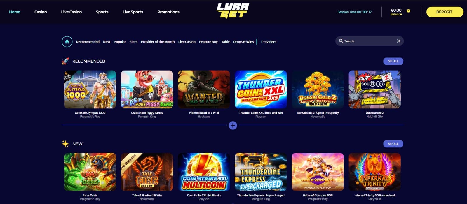 The landing page of LyraBet Casino presents slot games, such as Gates of Olympus 1000