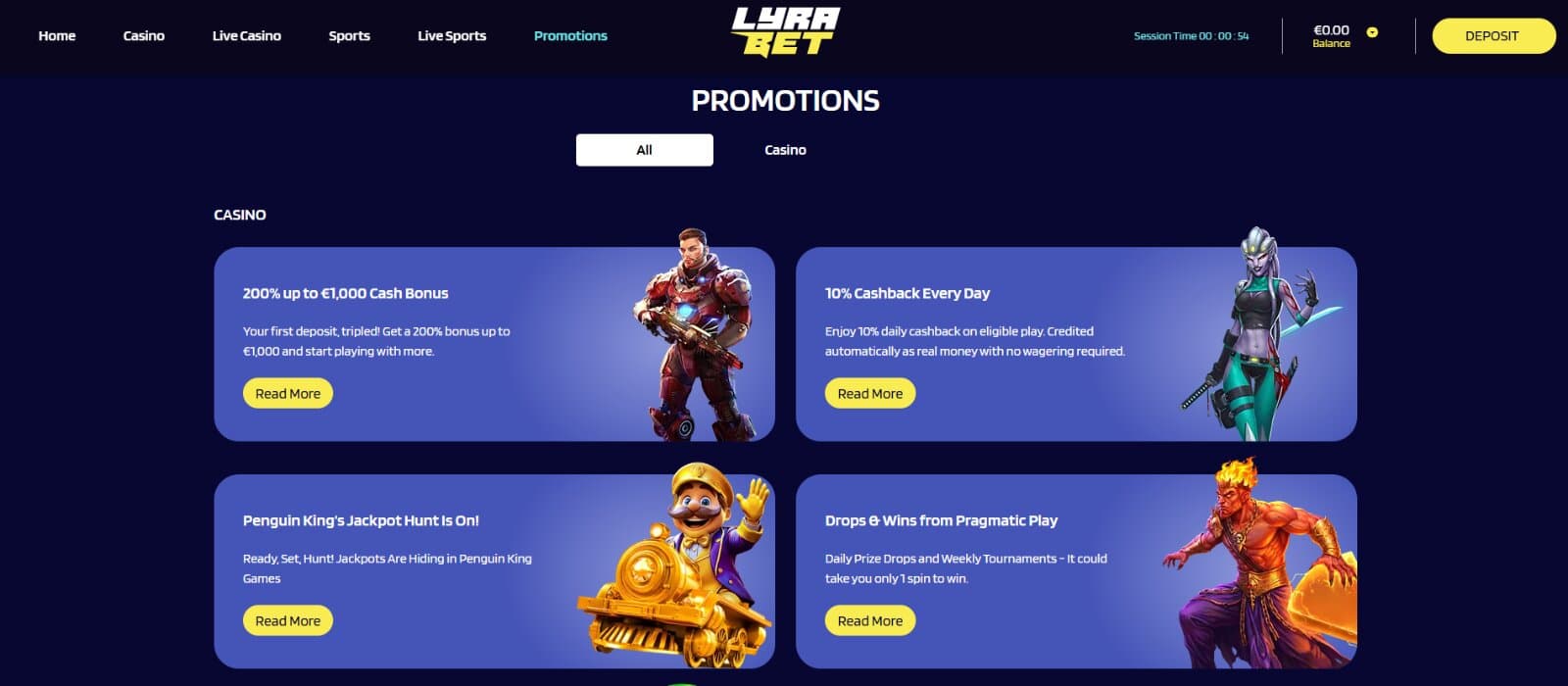 The promotions page of LyraBet casino displays the available bonuses, including the first deposit bonus of 200% up to €1,000.