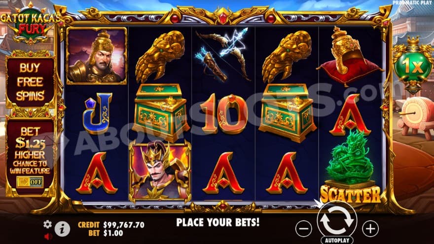 Base game with a scatter symbol on the fifth reel.