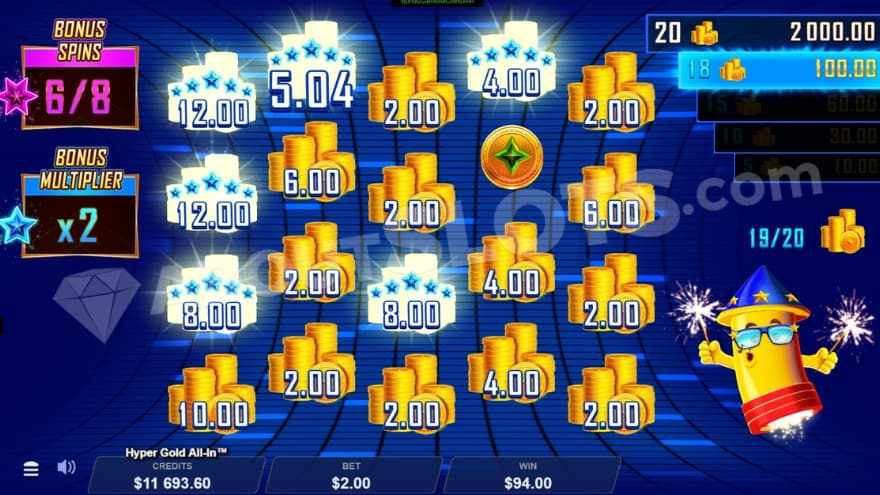 Bonus game feature with a 2X bonus multiplier to the left of the reels.