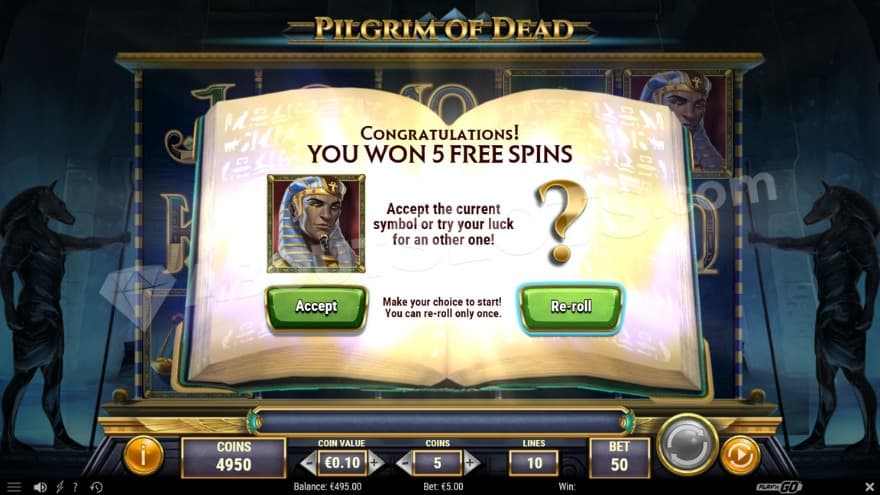 Intro to the free spins feature where the player can accept or re-roll for the symbol shown.