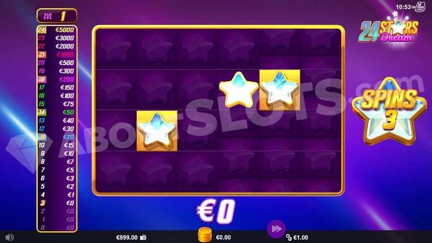 Three stars on the screen and three remaining spins in the Star Ladder Jackpot game.