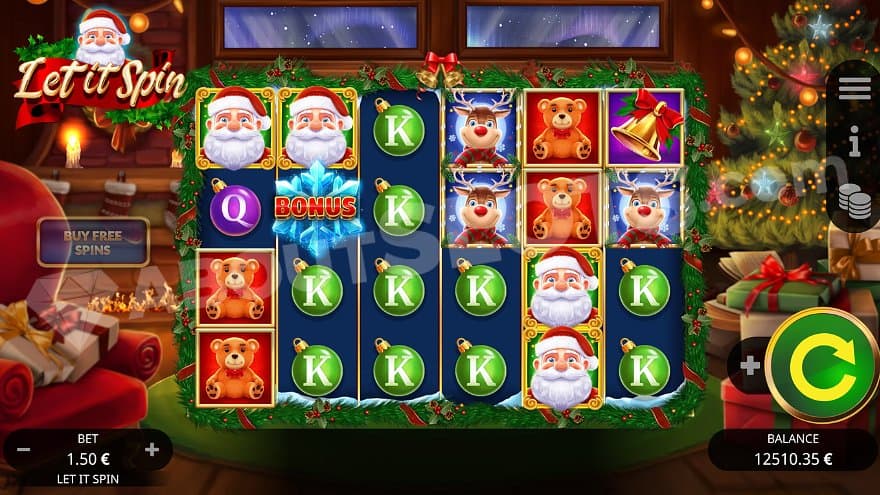 A living room with Christmas decoration and the slot's reels in the middle of the screen.