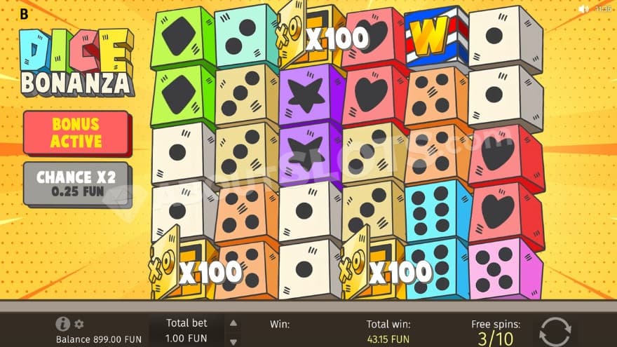 Bonus game with three 100X multiplier symbols on the reels.