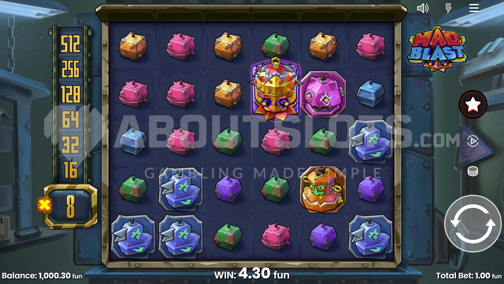 Base Game view of a 6x5 grid on a backdrop of a workshop. The multiplier trail is advanced to an x8 value.