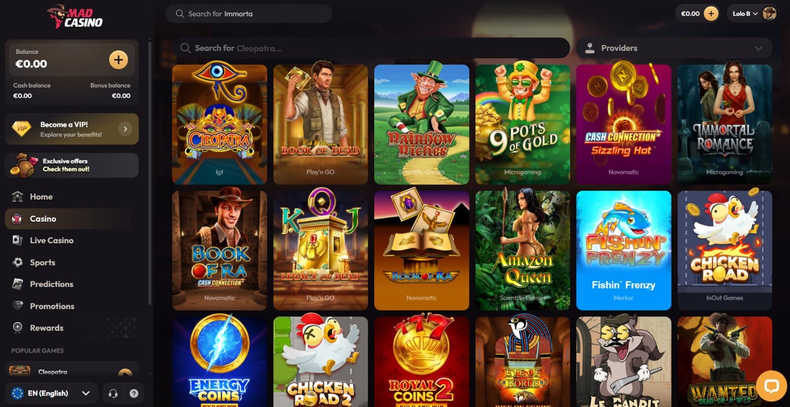 Mad Casino games lobby showing slots, live dealer tables and sportsbook sections with multiple providers