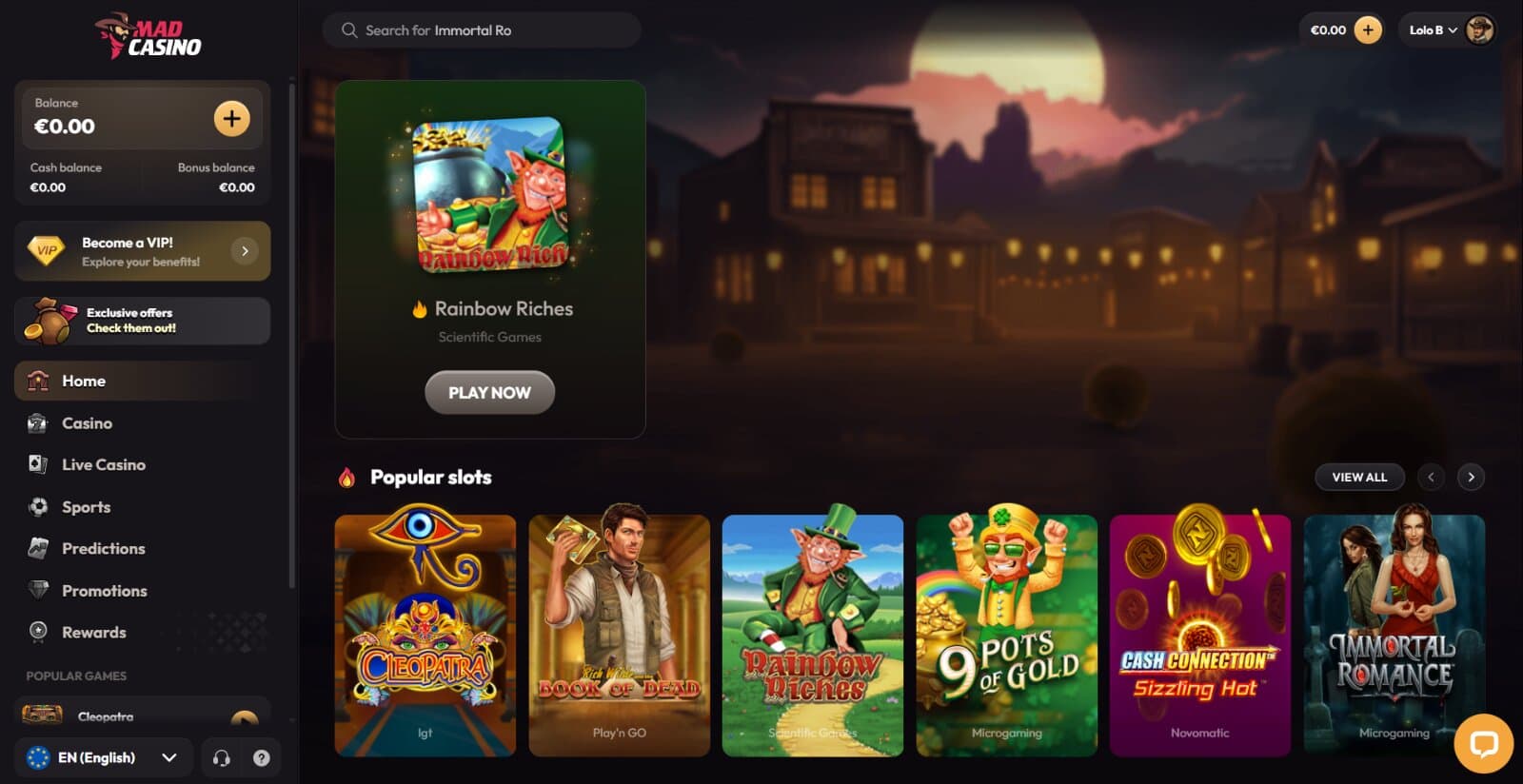 Mad Casino homepage showing the slot of the week,navigation menu and featured casino games